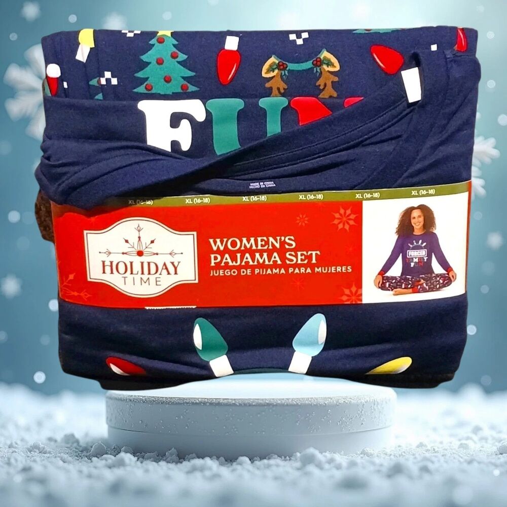Holiday Time Women's Christmas Pajama Set XL 16-18 Navy Blue Festive Sleepwear